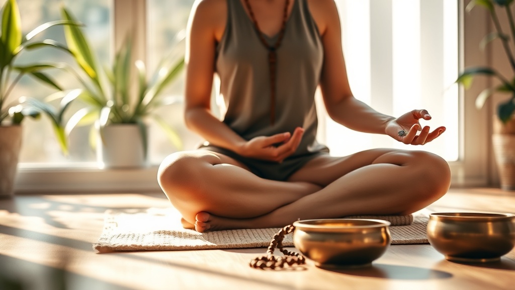 Personne assise en méditation avec un mala et un bol tibétain, dans la lumière matinale