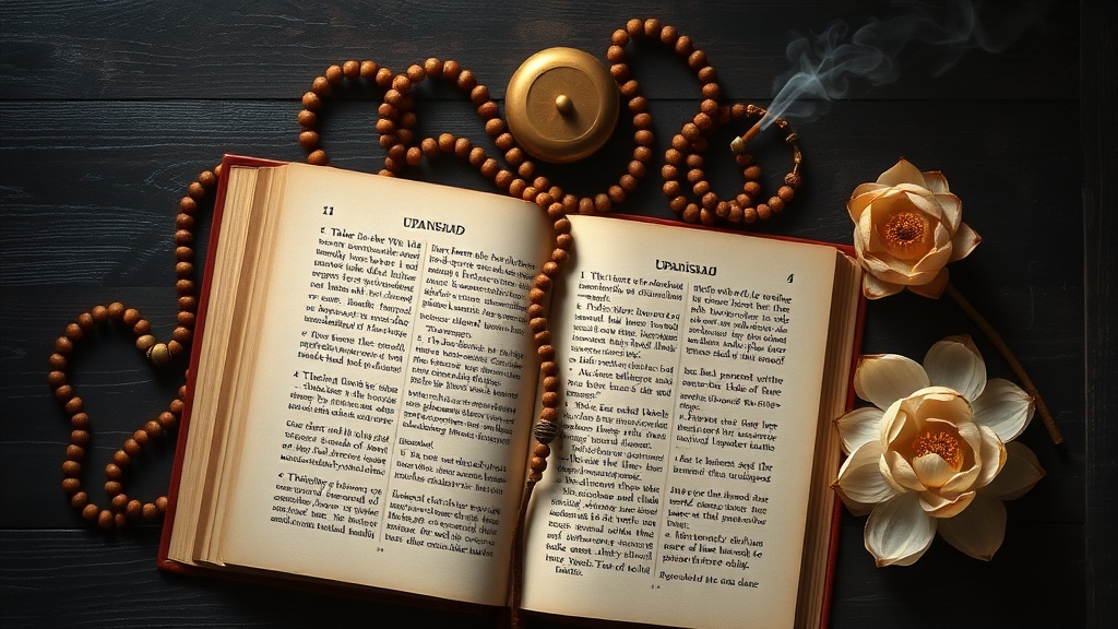 Manuscrit ancien en sanskrit posé près d'un mala en bois de santal, rappelant les racines védiques des affirmations