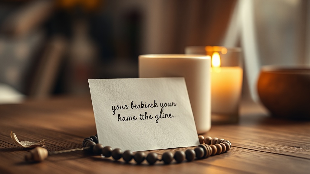 Note d'intention posée près d'un mala et d'une bougie, pour ancrer une affirmation positive dans le quotidien