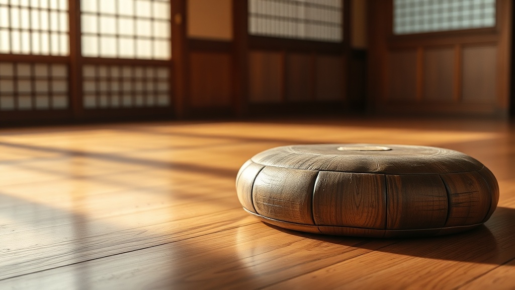 Coussin de méditation zafu posé sur le parquet d'une salle de méditation bouddhiste, lumière douce