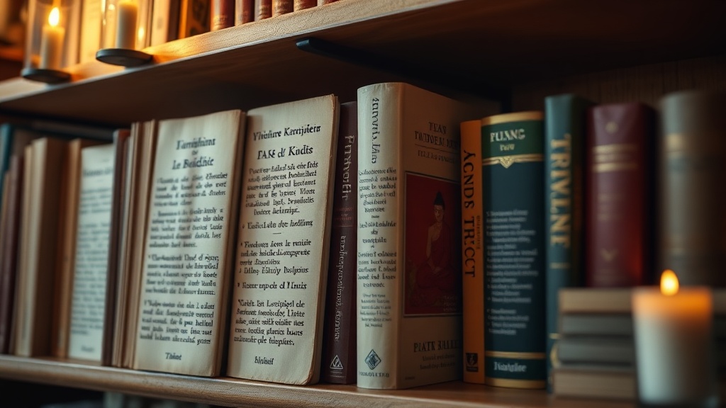 Étagères d'une bibliothèque de temple bouddhiste, textes canoniques et ouvrages modernes en rangée