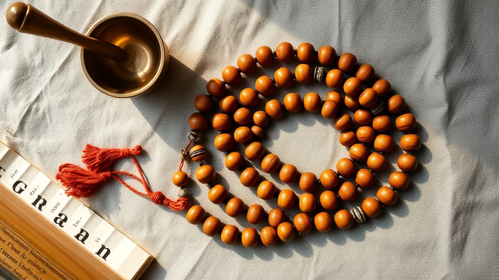 Mala tibétain de 108 perles en bois disposé en cercle sur tissu lin, bol chantant en laiton