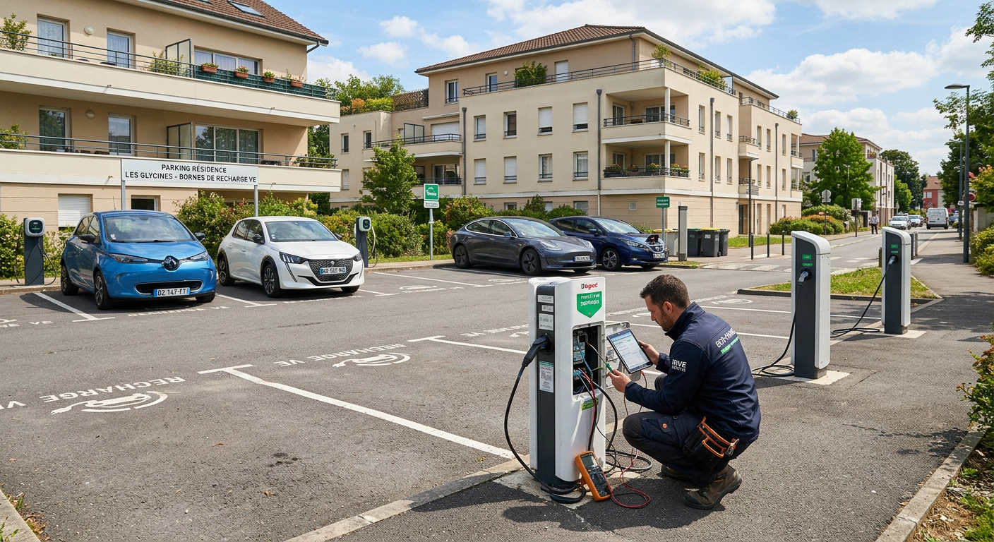 Parking de copropriété avec plusieurs voitures en charge sur des bornes de recharge électrique IRVE vérifiées par un professionnel.