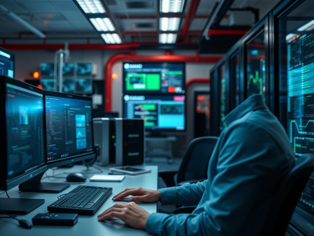 Illustration of a person securing devices and networks for personal cybersecurity protection