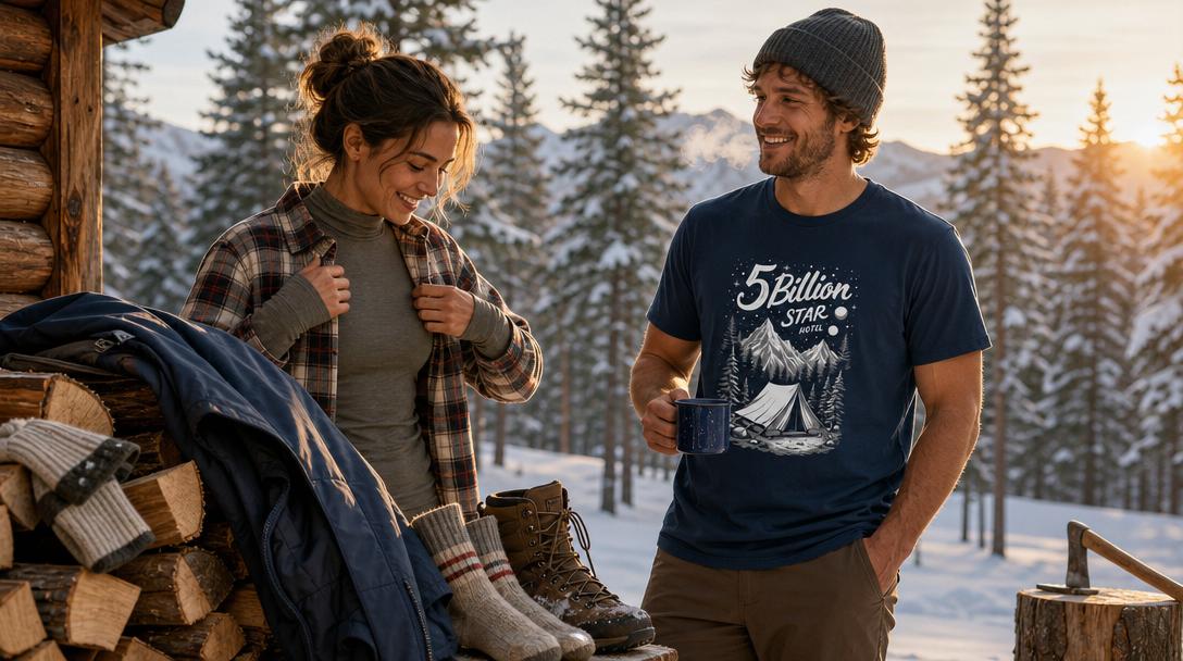 Person wearing warm flannel shirt in cool weather outdoors