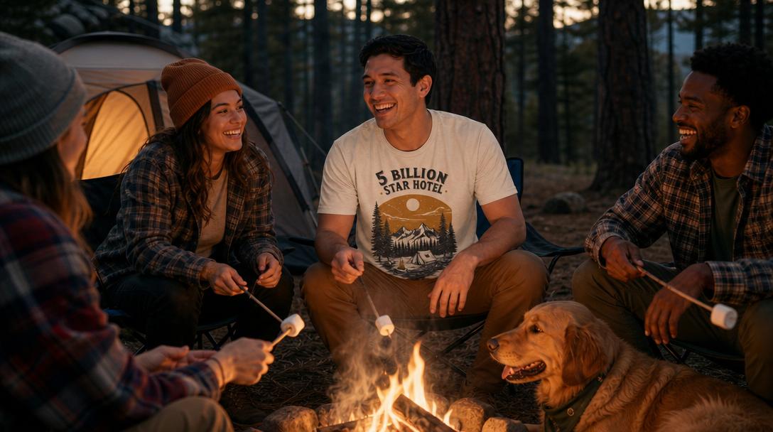 Person hiking near a tent with flannel shirt