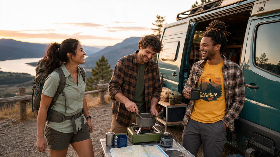 Outdoor work shirts on hangers over hiking gear