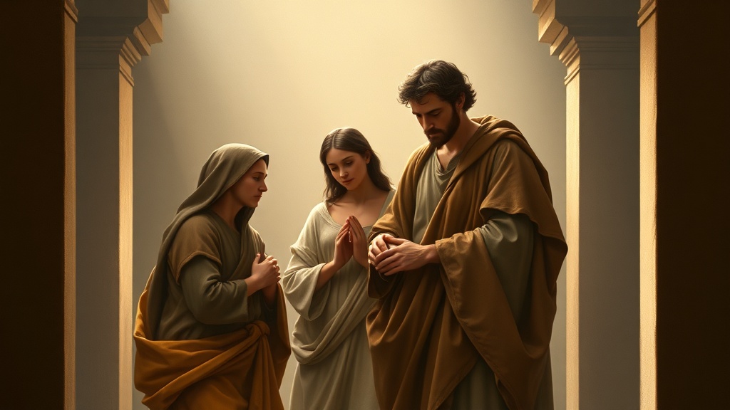 A contemplative family-like gathering symbolizing prayerful discernment and unity