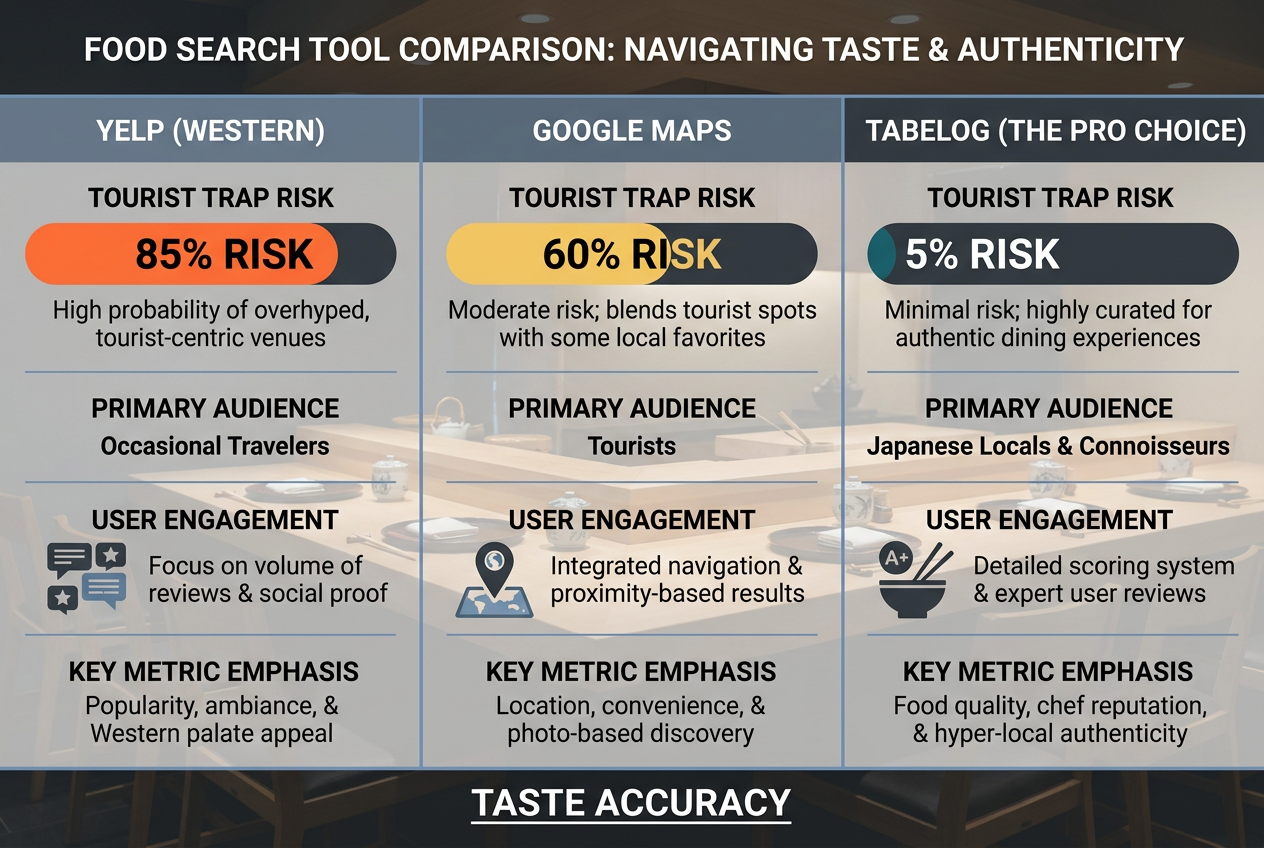 Comparison chart of Yelp, Google Maps, and Tabelog for Japan travel, showing the lower tourist trap risk and higher accuracy of Tabelog ratings.