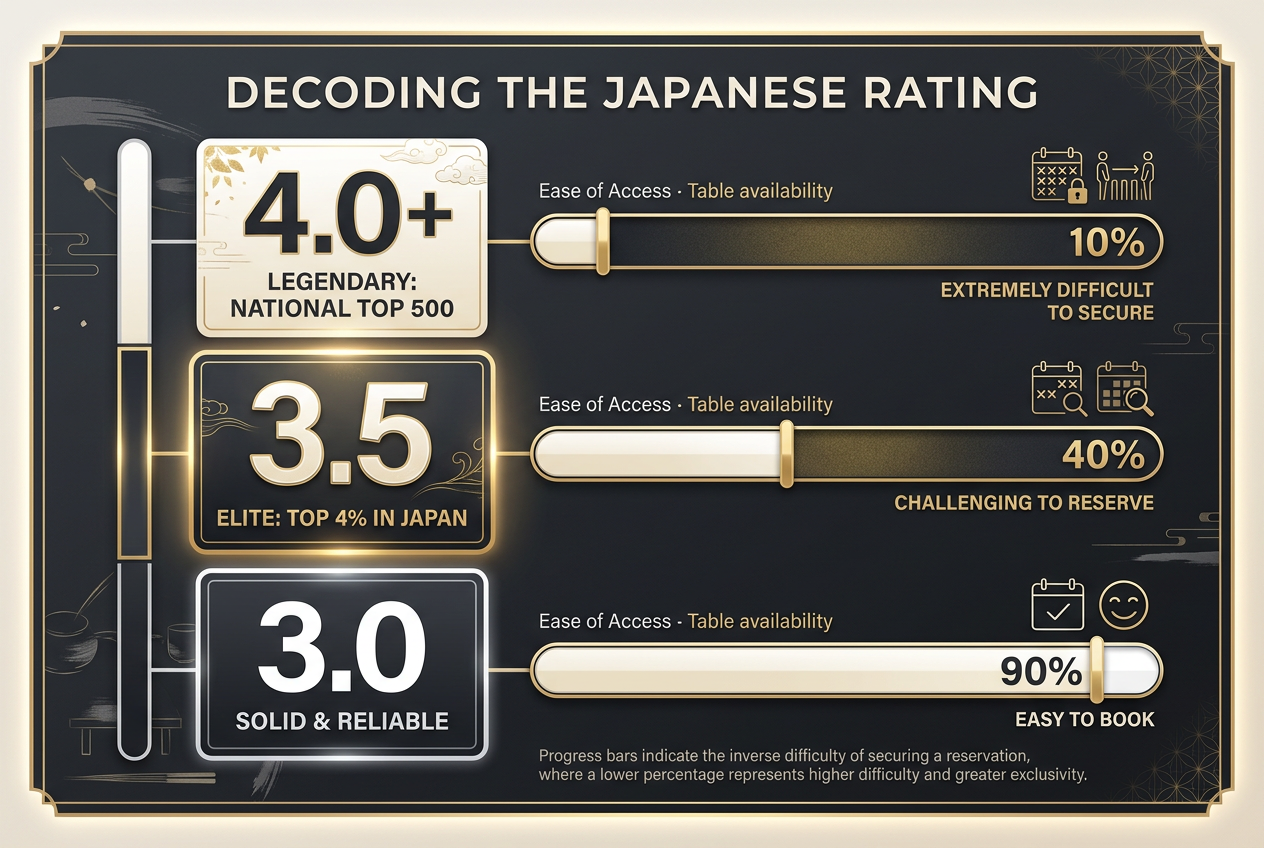 Infographic explaining the Japanese 3.5 rating rule on Tabelog, showing that 3.5 is an elite score compared to Western 4.5 star ratings.