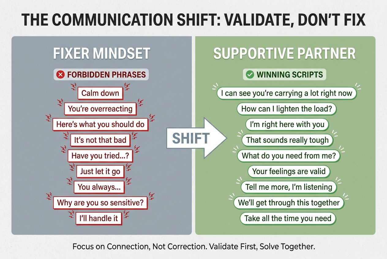 Comparison chart showing bad phrases versus supportive scripts to use when comforting a girlfriend during PMS emotional moments and stress.