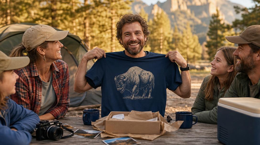 Two people exchanging national park shirts as gifts