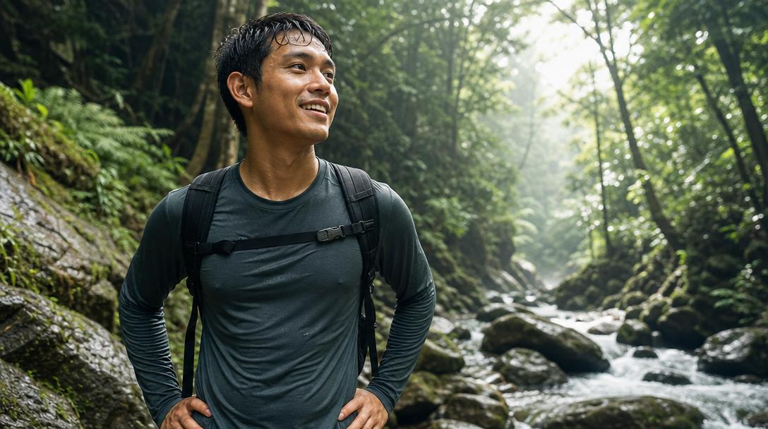 Ridge Merino Pursuit Hoodie hiking shirt worn on trail