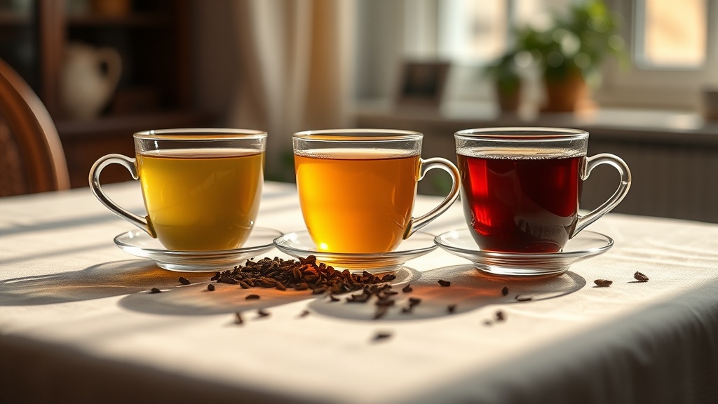 Trois tasses de thé côte à côte montrant la palette de couleurs du thé, du jaune pâle au brun ambré