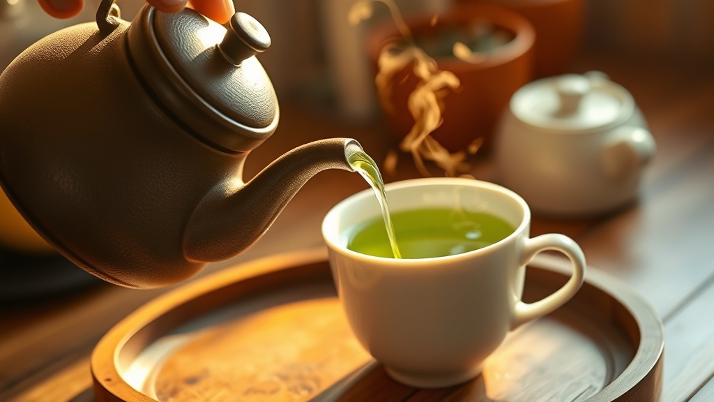 Théière en fonte versant du thé vert dans une tasse, vapeur légère et lumière chaude