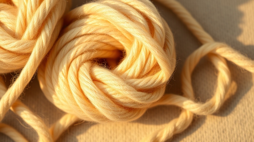 Close-up of cashmere yarn strands showing multiple plies twisted together in ivory and camel tones