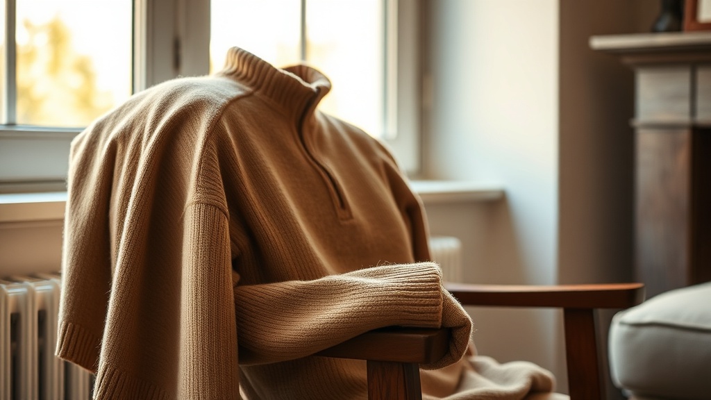 Camel cashmere half-zip sweater draped over a wooden chair in warm afternoon light