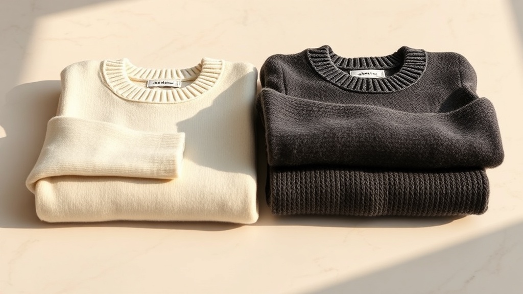 Two folded cashmere sweaters side by side, lightweight cream and heavier charcoal, illustrating ply weight difference