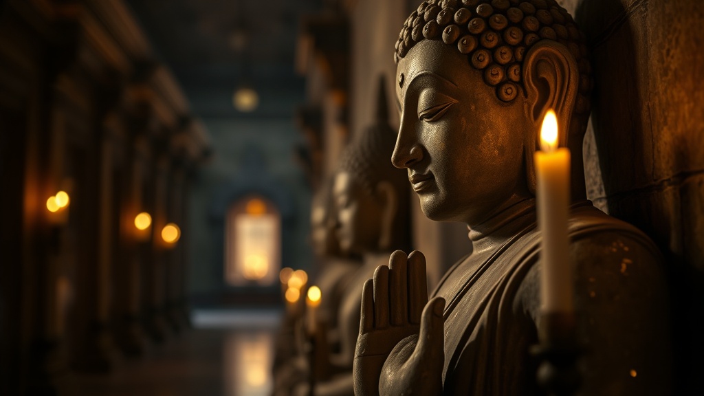 Statue de Bouddha en grès dans une galerie sombre d'un temple de Mrauk U, mudra bhumisparsha