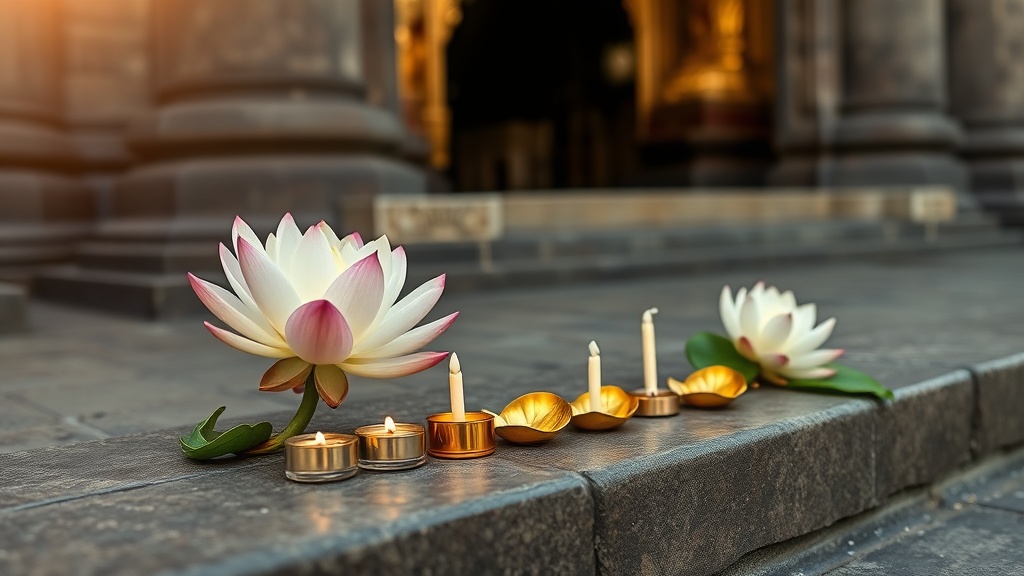 Offrandes bouddhistes de fleurs de lotus et feuilles d'or sur les marches d'un temple birman