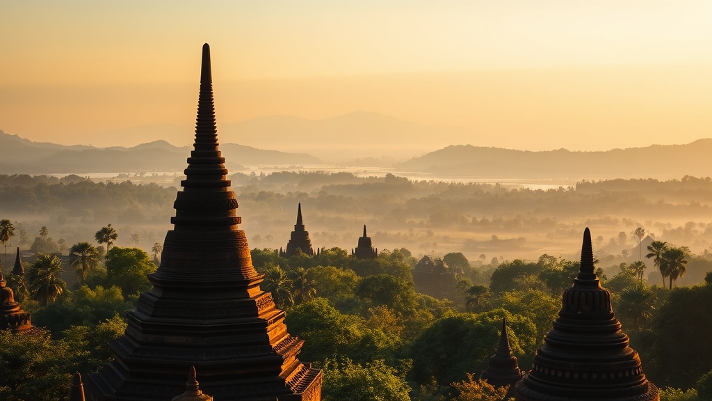 Vue panoramique des temples de Mrauk U dans la brume dorée du soir, État de Rakhine