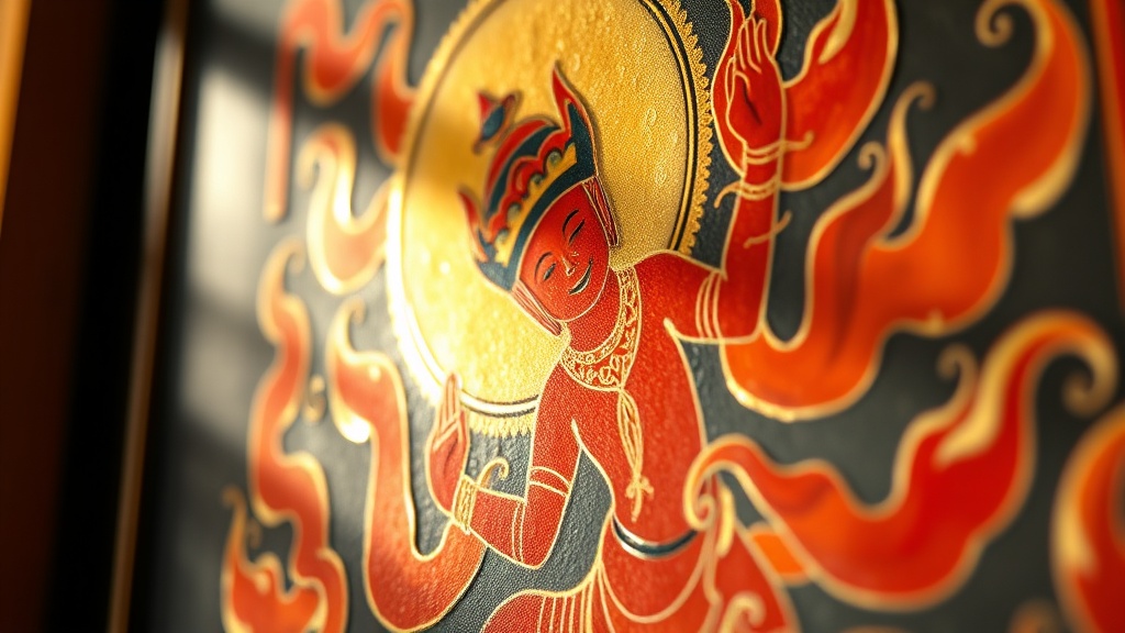 Close-up detail of a Tibetan thangka painting showing a red deity dancing within a flame mandala