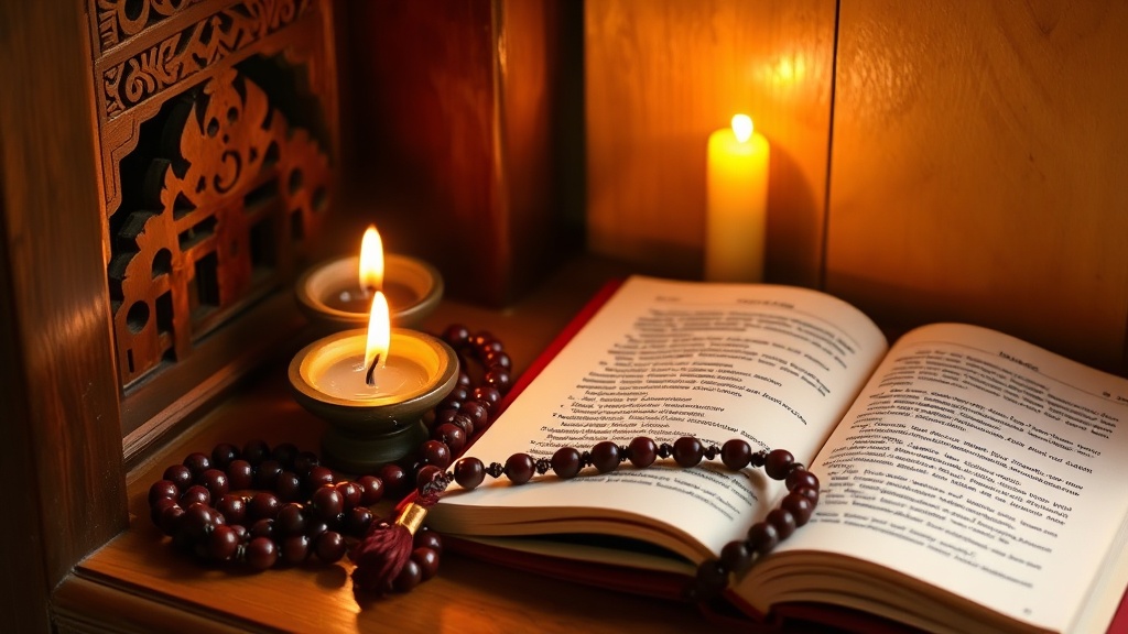 Small home altar with butter lamp, red mala beads, and open Tibetan practice text for deity yoga