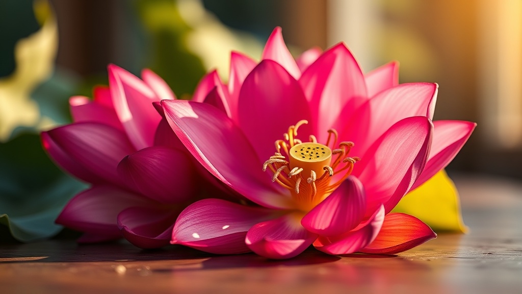 Fresh lotus flowers in deep red and pink tones arranged on a wooden surface in warm natural light