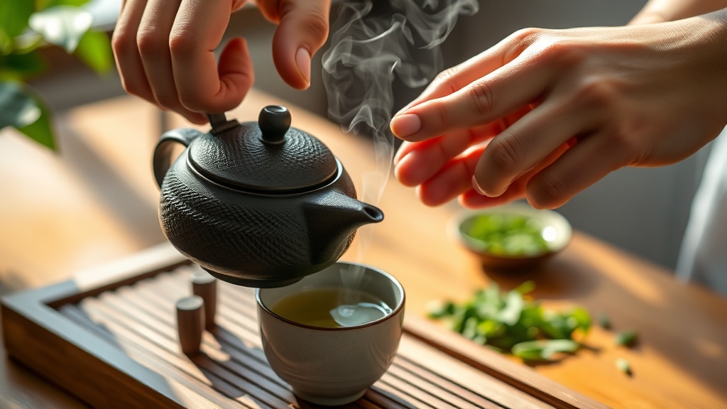 Mains versant du thé vert depuis une théière en fonte japonaise dans une tasse céramique
