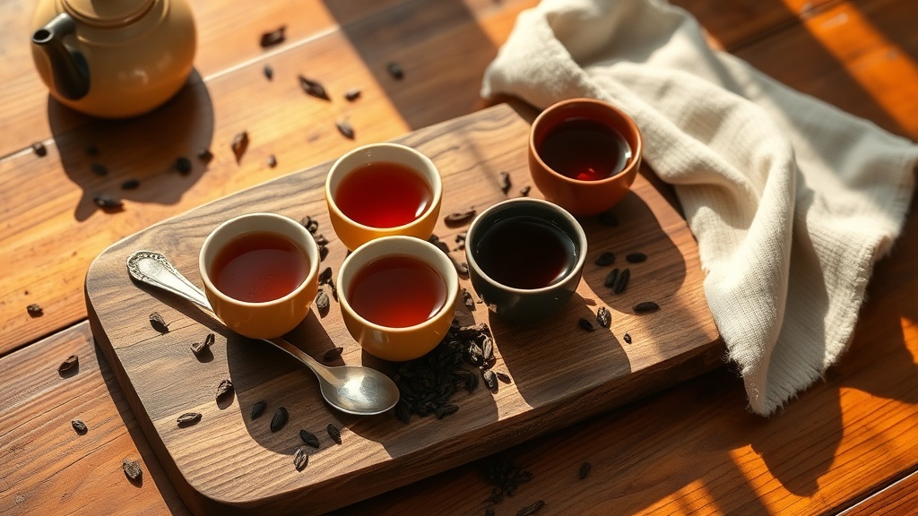 Quatre tasses de thé aux couleurs différentes du doré au brun acajou pour illustrer la variété des types de thé