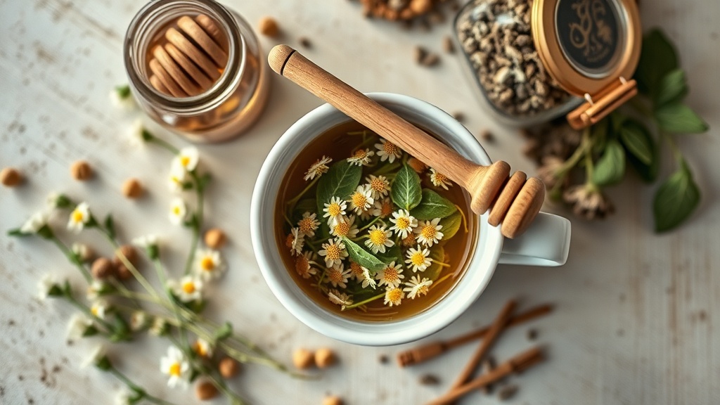 Tasse à infuser avec camomille et mélisse fraîche, cuillère à miel posée sur le bord, vue de dessus