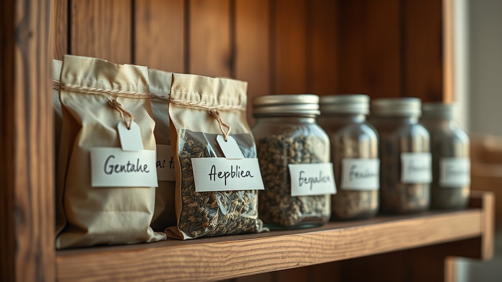 Bocaux et sachets de plantes séchées en vrac pour tisane, rangés sur une étagère en bois ambiance herboristerie