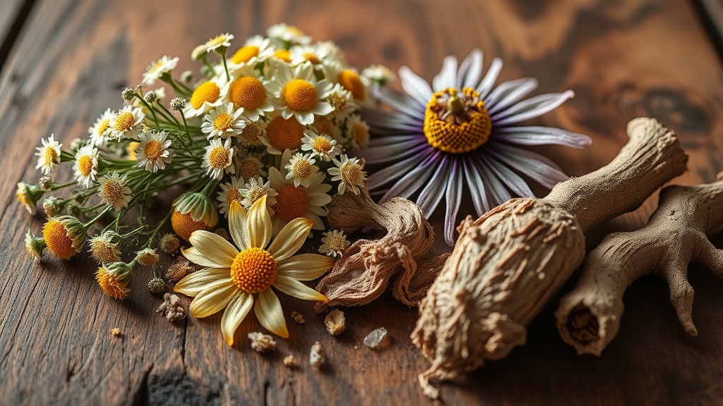 Plantes médicinales séchées pour tisane sommeil : camomille, mélisse, passiflore et valériane sur bois rustique