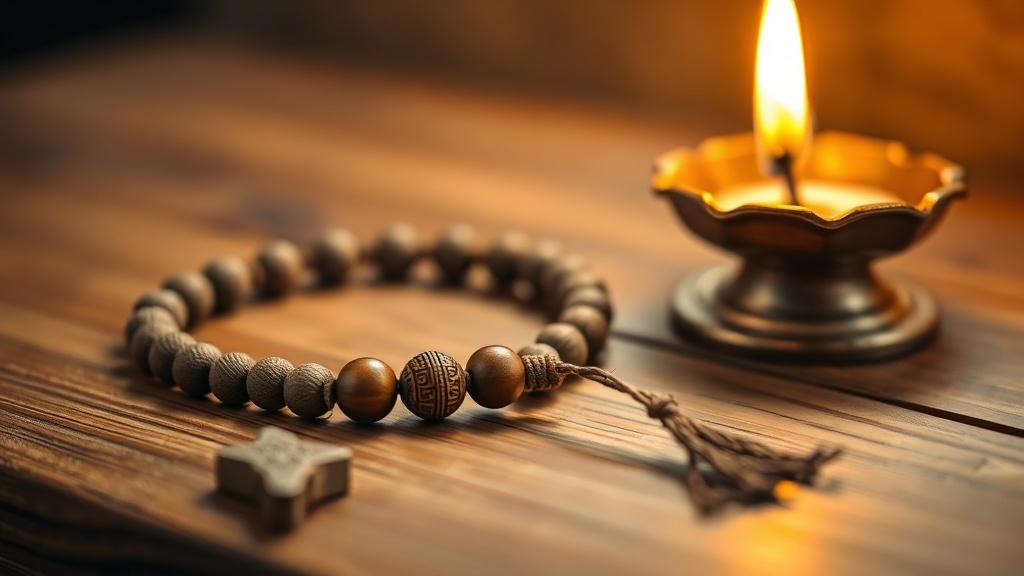 Dzi bead threaded on mala bracelet next to a small lit butter lamp on a wooden altar