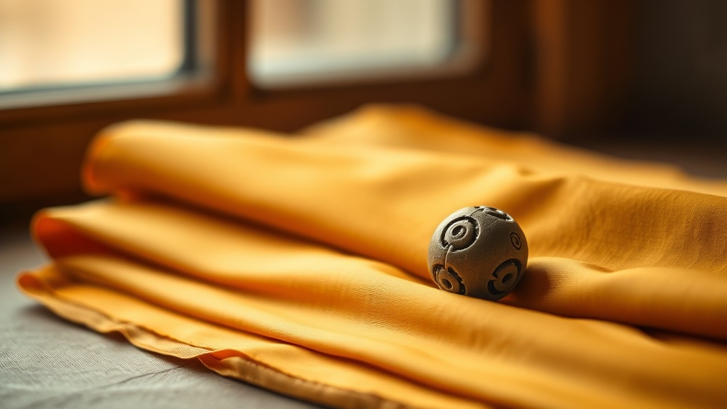 Single dzi bead with nine eye pattern resting on saffron silk fabric in warm natural light