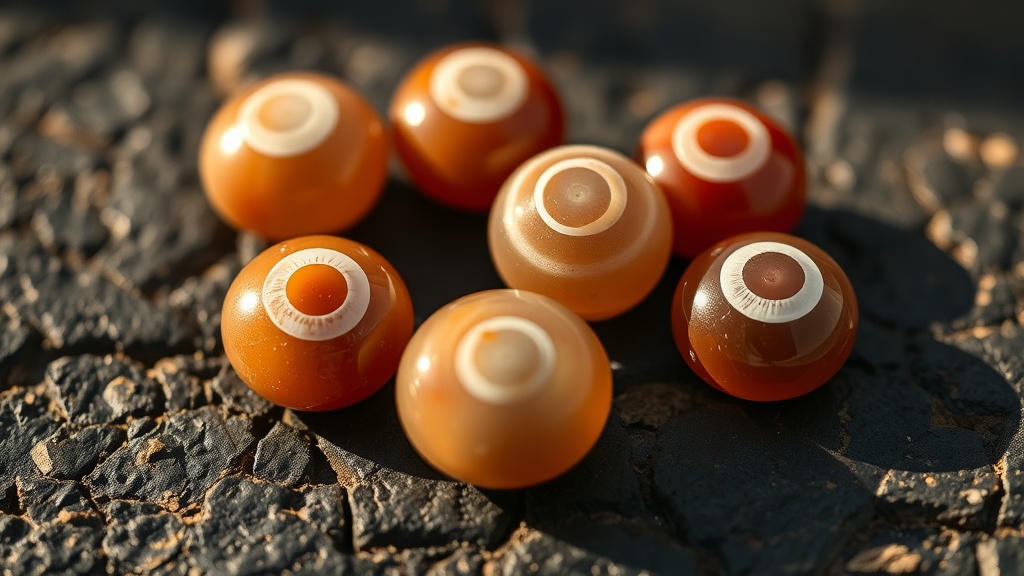 Close-up of ancient-style dzi agate beads with etched eye patterns on dark stone surface
