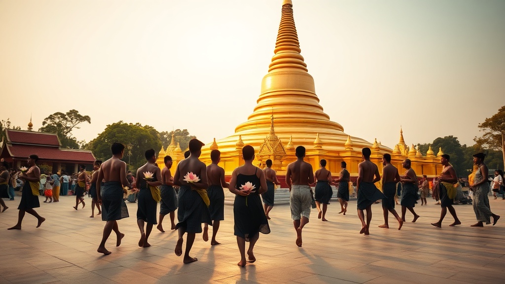 Dévots birmans en circumambulation autour d'un stupa doré lors d'une cérémonie de mérite