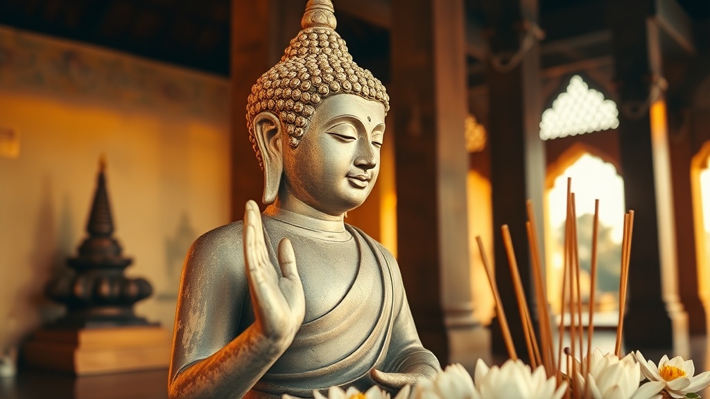 Statue de Bouddha en posture bhumisparsha avec offrandes de lotus dans une pagode birmane