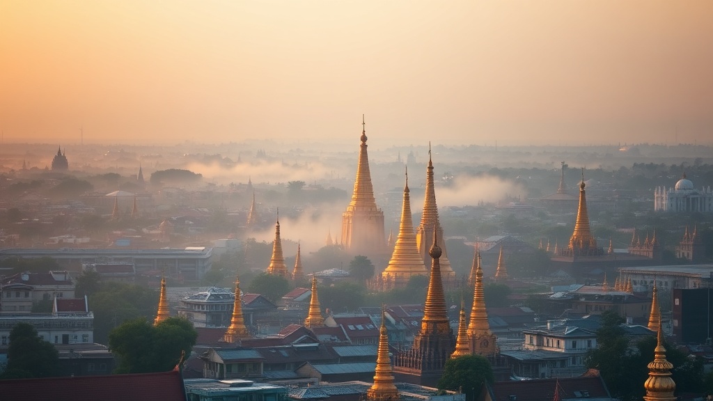 Vue panoramique des pagodes dorées de Mandalay au lever du soleil, Myanmar