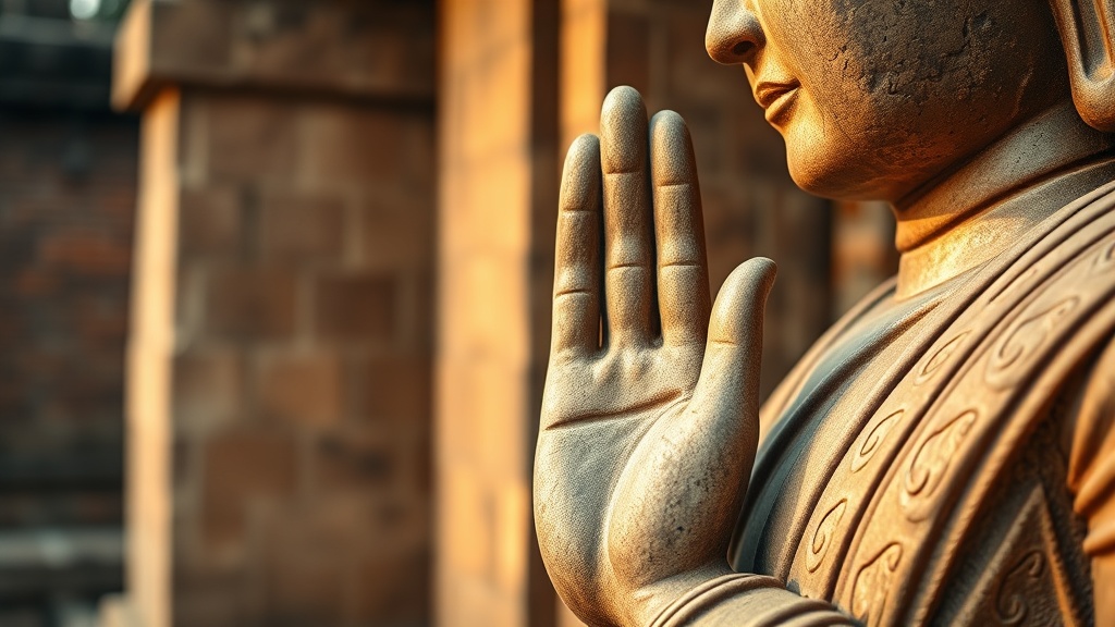Statue de Bouddha en bhumisparsha mudra, main droite touchant le sol, sculptée dans la pierre rouge de Mrauk U