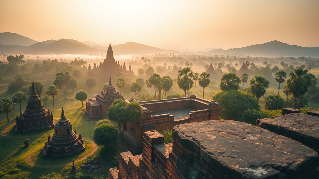 Vue d'ensemble des temples de Mrauk U au lever du soleil, collines verdoyantes et briques rouges émergent de la brume matinale