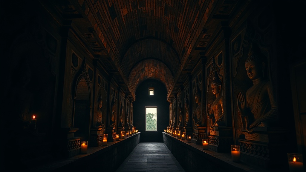 Galerie intérieure voûtée d'un temple de Mrauk U, niches creusées dans les briques abritant des statues de Bouddha en rangées