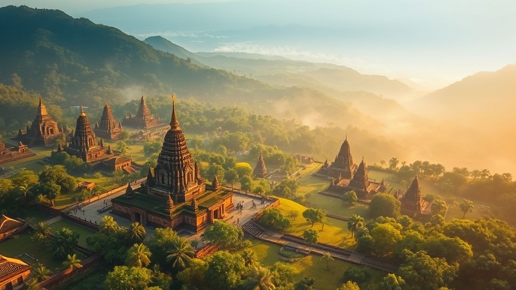 Vue des temples en pierre de Mrauk U entourés de végétation tropicale dense, État Rakhine, Myanmar
