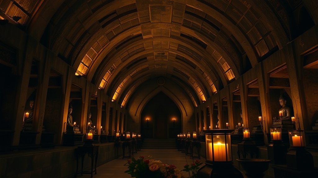 Galerie voûtée intérieure du temple de Htukkanthein avec statues de Bouddha en bhumisparsha mudra dans leurs niches