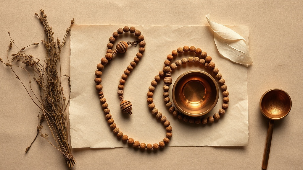 Flat lay of multiple dzi beads with different eye patterns arranged with copper bowl and dried herbs