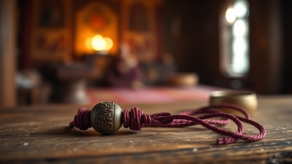A dzi bead on a burgundy silk cord placed on a wooden altar surface with warm candlelight