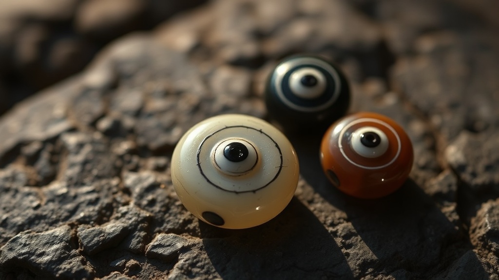 Three antique dzi beads with eye patterns resting on a dark stone surface in warm natural light