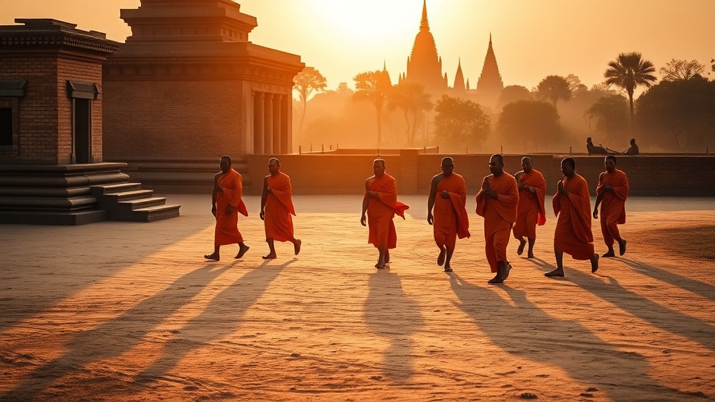 Moines bouddhistes en robe safran effectuant leur circumambulation matinale autour d'un temple de Bagan