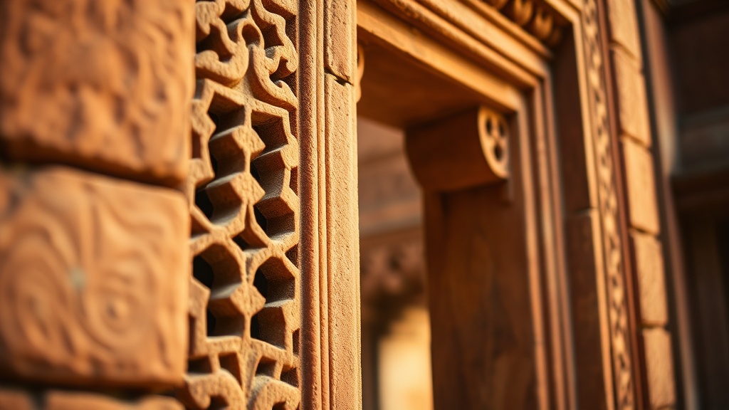 Fenêtre à jalousies de pierre sculptée sur la façade d'un temple de Bagan, motifs géométriques en grès ocre