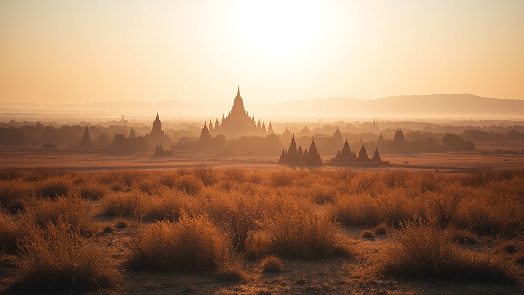 La plaine de Bagan au lever du soleil, avec les tours de briques rouges des temples en arrière-plan